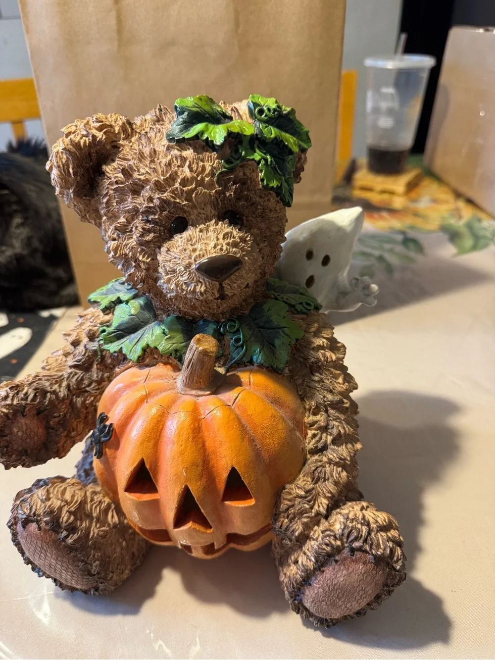 Brown Bear Figure with Orange Pumpkin Accent - vintage Michaels decor